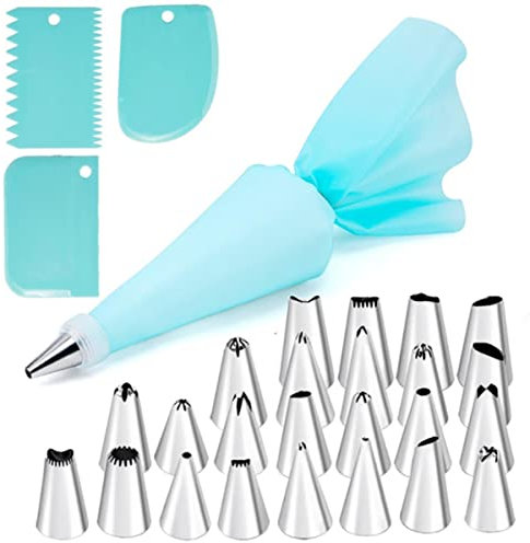 Juego de 26/29 Uds de manga pastelera de silicona, puntas para manga pastelera de cocina, crema pastelera, herramientas de decoración de pasteles, bolsas de pastelería reutilizables-SET2 azul