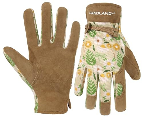 HANDLANDY Leder Gartenhandschuhe Arbeitshandschuhe für Damen und Herren kratzfeste atmungsaktive Handschuhe für Garten Hof Mechaniker Bauarbeiten (Khaki, M)