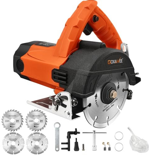 GOXAWEE Mini Sierra Circular, 1800W Sierra Circular de Mano con 4 Hojas de Sierra(115mm), 12000RPM, Motor de Cobre Puro, Profundidad Máxima de Corte 46mm(90°), 30mm(45°) para Madera, Metal y Azulejos