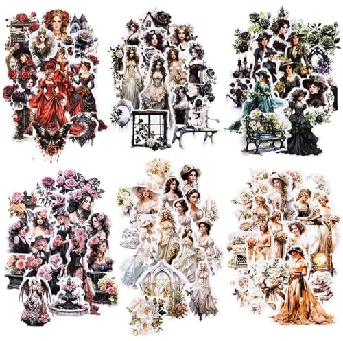 Kraeoke Mädchen Vintage Sticker-Set, 240 Stück, Polyethylenterephthalat, Glänzend, Wasserdicht, Vielfältig, Unregelmäßig, Indoor, Kombination 1, Mädchen, STICKER_DECAL, Sticker