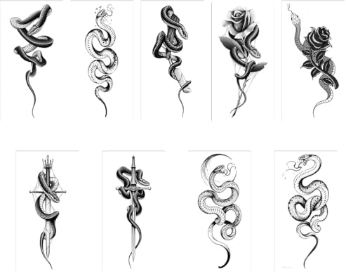 NTRUXZP 9 Blatt Realistisch Schlange Temporäre Tattoos Frauen Männer Damen, 3D Unterarm Fake Tattoo Aufkleber Haut, Halloween Tribal Gothic Schlangen Halbarm Ärmel klebetattoos Tattoos Aufkleber