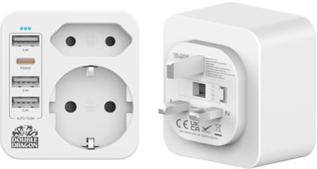 Double Dragon Adattatore da viaggio con ricarica rapida 20 W 5 in 1 dalla Francia al Regno Unito | 3 porte USB-A e 1 porta USB-C | Converte spina UE a 2 pin per l'uso nel Regno Unito, Irlanda, Du