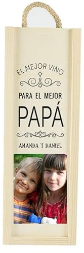 CALLEDELREGALO Caja botella de vino de madera natural | Caja de Vino Personalizada con Foto | Día del Padre | Caja de Madera con Tapa Corrediza y Asa | Regalo Original | Capacidad 1 Botella (Caja 9*9)