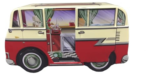 Röd plåtburk Mini Camper Van från your castle, kakburk, dekorativ låda, för kex, choklad, praliner, förvaring, cirka 17 x 9 x 8 cm. Volym: 1 liter.