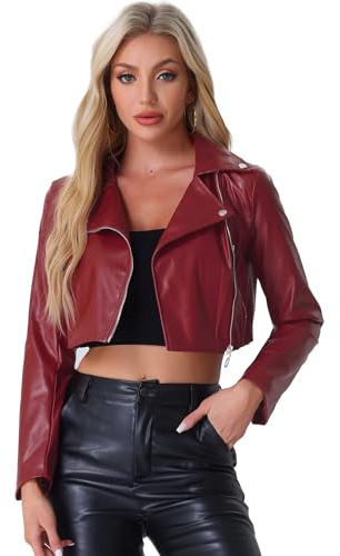 Allegra K Women's Faux Leather Long Sleeve PU Zipper Cropped Biker Jacket Burgundy XS