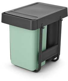 Brabantia Sort & Go Pull Out Bin | 2 x 15L Built-in Under Sink Cupboard Bin Inside Door for Kitchen | Integrated Double Waste Recycling Unit with Smooth Rails, Removable Inner Buckets | Grey & Green