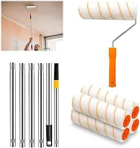 4 Pezzi Rullo Pittura da Parete, Rullo da Pittura, Set da Pittura con Asta Telescopica 30-180cm, Strumenti Decorazione per Pittura da Parete e Soffitto con 4 Rulli
