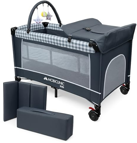 Mobiclinic®, Babybett beistellbett 3 in 1, Wickeltisch, Laufstall, Luftige seitenwände mit seiteneingang, Caelum, Max. 15 kg, Räder Bremse, Atmungsaktiver Stoff, Aufbewahrungstasche