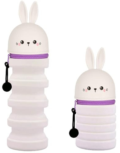 DGTSYAL 2 in 1 Weiche Silikontasche Kawaii Federmäppchen, Tischstifthalter, Reißverschluss, Silikon, Stiftetasche Buntstifte Marker, Büro, Uni, niedlicher Schulbedarf, Mädchen (Faltbarer Hase)