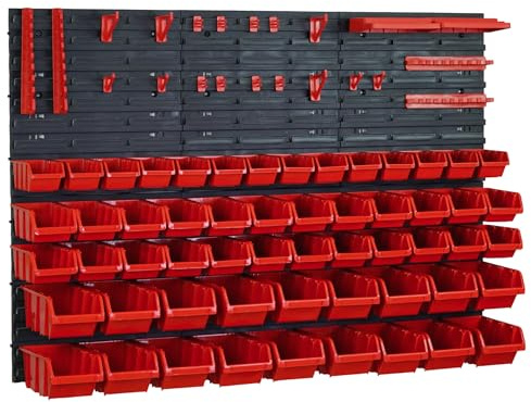 Lot de 84 boîtes empilables et 6 étagères murales de 39 x 38 cm et porte-outils | Panneau perforé pour un rangement flexible | Porte-outils pour atelier, garage et maison | Rangement facile
