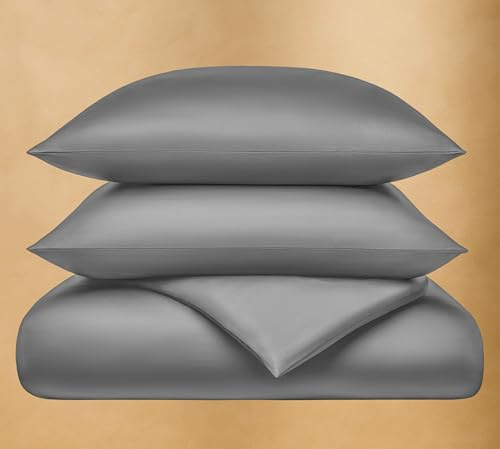 Seralino Satin Bettwäsche 135x200 Baumwolle Dunkelgrau + Kissenbezug 80x80 | 100% Bio-Baumwolle | Reißverschluss | Kopfkissenbezug 80x80 |Aesthetic Bettwäsche einfarbig