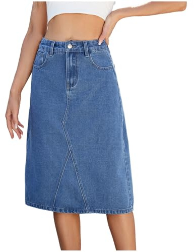 duxyoz Denim Skirt for Women UK Elegant Ladies A Line Midi Jeans Skirts High Waist Casual Summer Pencil Skirt Dress Retro Vintage Streetwear Loose Fit Knee Length Skirts with Pockets