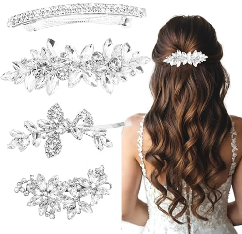 4 Pcs Rhinestone Hair Clips for Women Hair Barrettes Silver Bridal hair accessories for Wedding Party Everyday