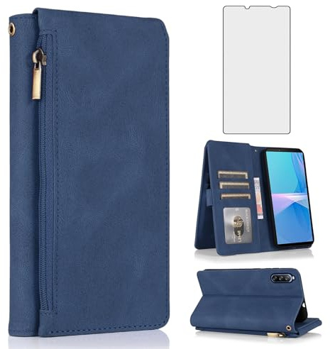 Asuwish Handyhülle für Sony Xperia 10 III 5G XQ-BT52 Hülle mit Band Folie Schutzfolie Kartenfach Klappbar Leder Geldbörse Ständer 10III 3 Lite Handy Hüllen Schutzhülle Reißverschluss Phone Case Blau