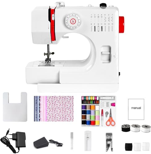 Haushalt Mini-Nähmaschine, 14 Stiche elektrische Nähmaschine mit Verlängerungstisch Baumwollstoff und Nähset für Kinder Erwachsene Anfänger