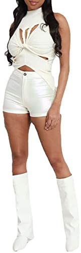 Läder hotpants dam hög midja, hotpants dam sexig läderlook korta byxor eleganta sportbyxor med knappar konstläderbyxor karneval läderbyxor tajta fritidsshorts glänsande shorts rave outfit, Vit, L