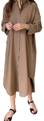 amropi Mujer Maxi Botones Camisa Vestido Suelto Manga Larga Blusa Cuello en V Casual Camisetas con Cinturón Café, M