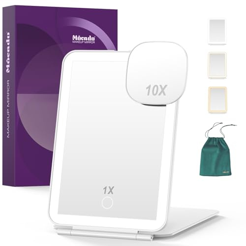 Mocado Rechargeable Travel Makeup Mirror with 72 LED Lights, 1X/10X Magnifying Makeup Mirror with 3 Colors Lights, Tabletop Folding Mirrors for Travel, Touch Screen, Cosmetic - White