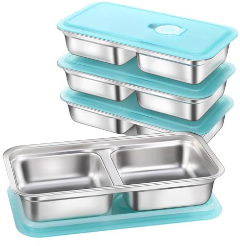 GlamRays 4er Set Scatole Riusabili per Snack in Acciaio Inossidabile con Coperchio 2 Scomparti Antigoccia Contenitori per Alimenti Ideali per Viaggi Campeggio Scuola Pran