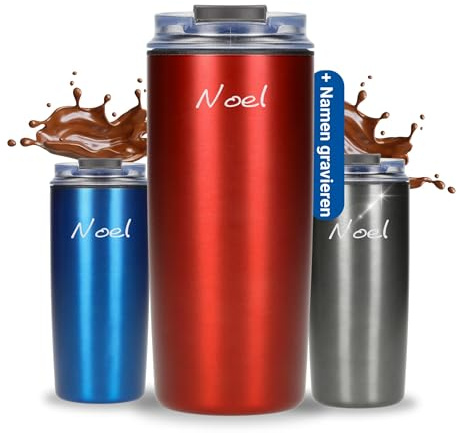 Personalisierter Kaffeebecher to go 450 ml - Trinkbecher mit Deckel in Rot | Coffee to go, doppelwandig, hält lange warm, Büro, Auto, Reise, für unterwegs