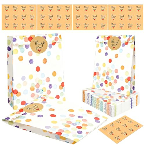 40 Geschenktüten für Kindergeburtstage mit 48 ​​Dankeschön Aufklebern – Buntes Punktemuster, ideal Geschenktüten für Kindergeburtstage, Feiertage, Hochzeiten, Feiern, Partytüten und Snacks