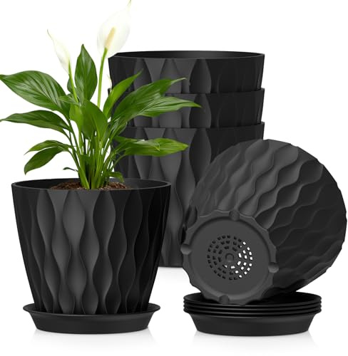WSMKSZ 17,6 cm Blumentopf, 5er Set Dick Kunststoff Pflanztöpfe mit Untersetzer und Abflusslöchern, 3D-Wellentextur Übertopf für Bogenhanf, Grünlilie & Innen Außen Pflanzen, Schwarz