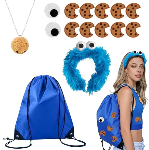 Krümelmonster Kostüm,Haarreif Cookie Monster + 10 Stück Keks-Aufnäher Zum Aufbügeln + Cookie Halskette + Kulleraugen Aufkleber + blauer Rucksack,für Fasching Karneval Halloween Maskerade Cosplay