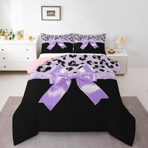 Loussiesd Juego de ropa de cama de seda morada con lazo, estampado de leopardo gris, tamaño King, para niños, niñas y mujeres, color negro, morado, dulce, romántico, 3 piezas