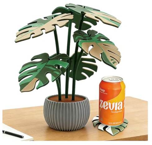 Monstera Plant Coaster Set 6 Leaf Coasters 3D Printed Modern Plant Decor Functional Home Decor Great for Desks Gift for Plant Lovers (Multicolor Gray)
