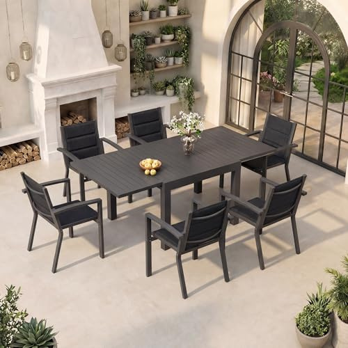 TRIUMPHKEY Gartenmöbel Set 6 Personen, Balkonmöbel mit Aluminium, 6 Stapelstühle und 1 80/160 cm Gartentisch Ausziehbar, Terassenmöbel Außen, Dunkelgrau