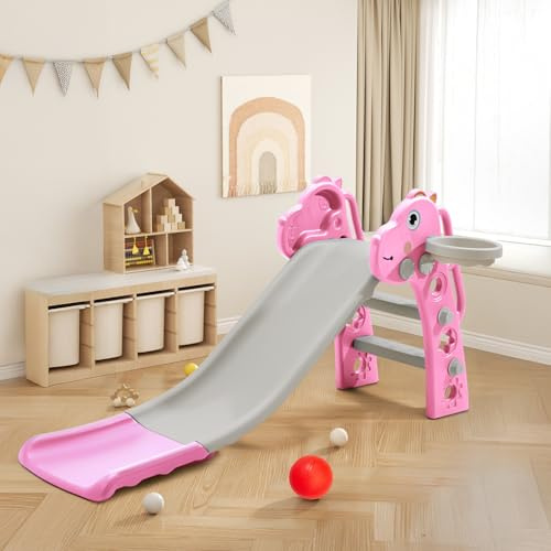 FUKEA Kids Slide, Freestanding Toddler Slide with Climbing Frame, Basketball Hoop, Basketball, Outdoor & Indoor Garden Slides for Toddlers Age 1-6, Pink Deer