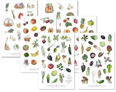 Jellyfish Stickers Lot De 6 Feuilles D'autocollants De Cuisine - Autocollants Journal, Planificateur, Fruits Et Légumes, Recettes, Nourriture Et Boisson, Livre De Cuisine