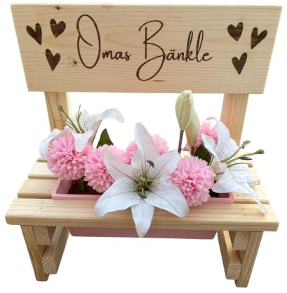 KlaSa Kreativwerkstatt Blumenbank aus Holz mit Gravur,Dekorative Pflanzbank mit Blumenkasten,Geschenk für Mama,Oma,Opa–Gartenbank für Balkon&Terrasse, Outdoor Muttertag (Omas Bänkle)