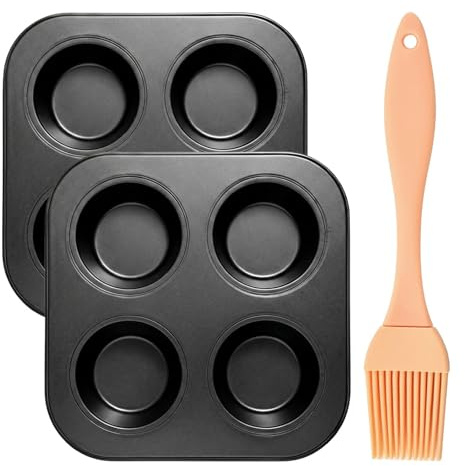 Sotbnna 2 Pcs Muffin Tin Set, 4-Cup Non-Stick Muffin Trays and Cupcake Pans | Deep-Cup BPA-Free Bakeware with Silicone Brush, Oven and Dishwasher Safe for Pies, Puddings and Home Baking