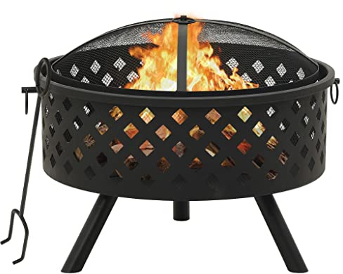 Runheo Chimenea de acero de 68 cm XXL con atizador y cubierta de rejilla para jardín, terraza, exterior, chimenea, estufa, madera, fuego, llama, calefacción, romántico, atmósfera