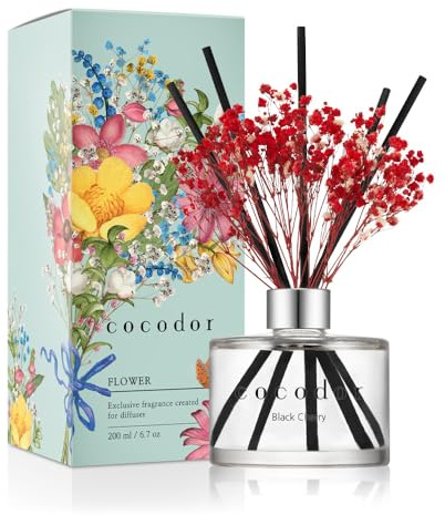 [COCODOR/Black Cherry] Flower Reed diffusers Oil with a Set of 5 Fiber Sticks, 200ml, Best for Home, Kitchen, Bathroom. Diffusers with sticks