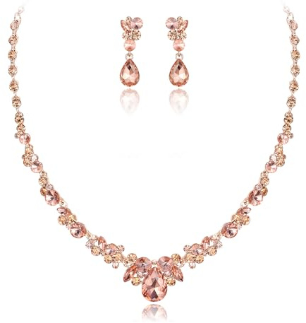 EVER FAITH Conjunto de Mujer Combinación de Cristal de Forma Redonda y Collar de Hoja de Diamantes de imitación Pendientes de plastrón Conjunto de Colgante Champagne Tono de Oro Rosa