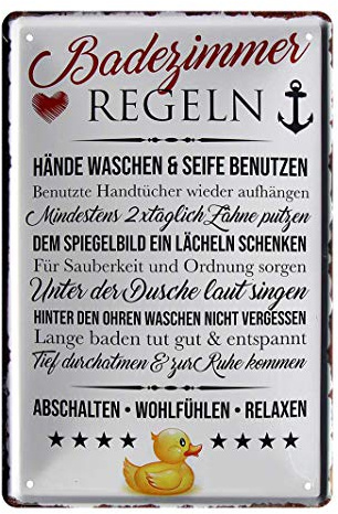 Blechschild Badezimmer Regeln - Bad Dekoration Schild - Dekoblechschild fürs Gäste Klo, Bad, Toilette, WC - Baderaum Türschild - Deko Badestube, Duschraum - Metallschild mit lustigen Spruch - 20x30cm
