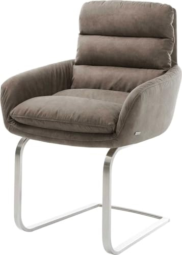DELIFE Schwingstuhl Abelia-Flex mit Armlehnen Freischwinger flach Edelstahl | Mikrofaser Taupe Vintage