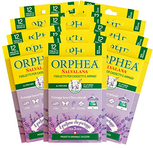 Orphea 12 Blätter für Schubladen und Schränke, schützt Wolle und Naturfasern mit Lavendelduft, 12 Packungen mit je 12 Blättern