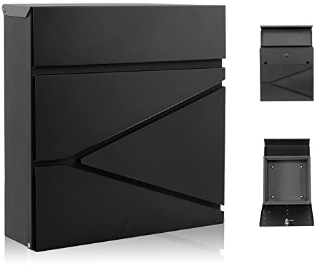 YOOBOX Wall-Mount Mailbox for House Outside, Security Key Drop Box with Lock and Keys, Locking Postbox, Steel Metal Rust-Proof Mail Box, 11.02 x 11.02 x 4.33 Inch, Black, MD021