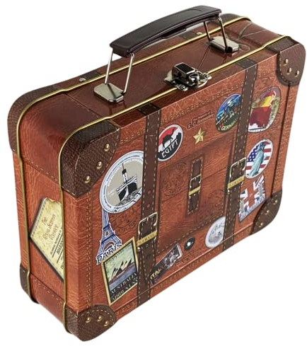 MediMuc Reisekoffer Globetrotter - Keksdose mit beweglichem Griff, stabilem Schnappschloss und bunten Stickern - lebensmittelecht - Volumen 2.0L - Maße: 20,7 x 16,0 x 6,2 cm