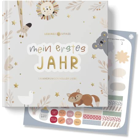 Lebenskompass Babyalbum Mein erstes Jahr PURE mit über 75 Stickern & Spruchkarte EXTRA - Ein Baby Buch zum Eintragen - Das Babytagebuch & Erinnerungsbuch für Mädchen & Jungen