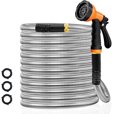 Besiter Garden Hose 100FT Stainless Steel Water Hose with 10 Functions Adjustable Spray Nozzle, Heavy-Duty Metal Garden Hose Flexible Durable No-Tangle & Kink Leak Dog Proof Hose for Yard Lawn(Orange)