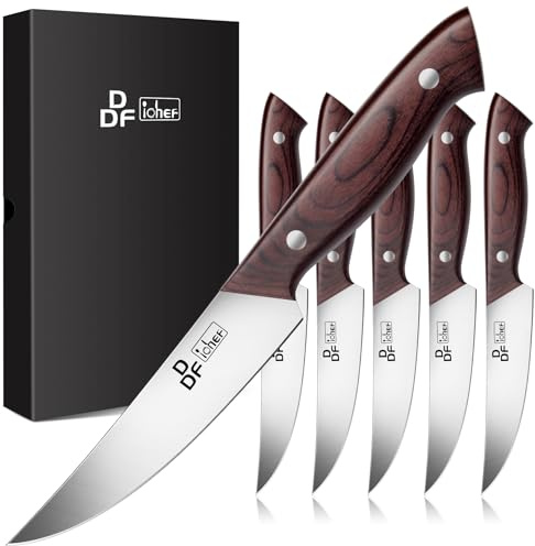 DDF iohEF Steak Knives Set of 6, Non-serrated Steak Knife 4.5 Inch High Carbon Japanese Stainless Steel Kitchen Steak Knife 6 Pieces Dinner Knives Ultra Sharp with Ergonomic Handle and Gift Box