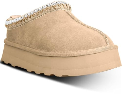 metricfalcon Mini bottes à semelle compensée pour femme - Pantoufles d'intérieur à enfiler avec doublure en fourrure polaire - Bottines courtes en daim, beige, 38 EU