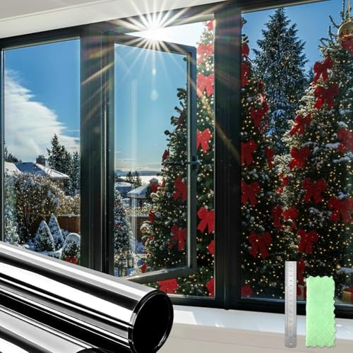 DIFIT Heat Reflective Window Film Privacy Film for Glass Windows 60x200cm, Mirror Effect Daytime Privacy, One Way Window Films for Home, Office, UV Protection Anti Glare Static Cling, Black-silver