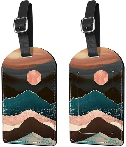 Deokke 2 Pack Luggage Tag Suitcase Tags PU Leather Identifiers Privacy Cover Luggage Tags Aesthetic Cute Travel Bag Labels for Women Girls Men (X16-Mountain)