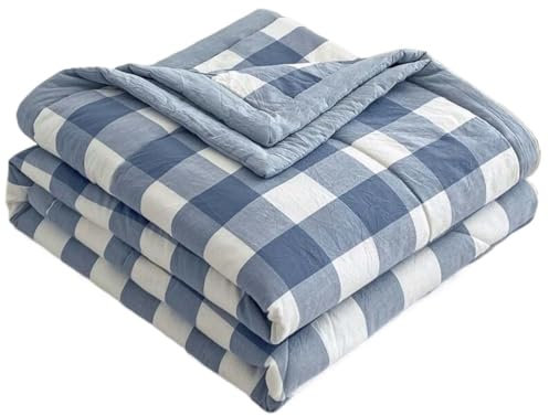 Sommer/Frühling Tagesdecke Bettüberwurf Baumwolle Blau Grün 220x240Cm, Steppdecke Patchwork Wendedesign Kariert, Beige Bedspreads Bettdecke Doppelbett Unterfüttert Und Gesteppt Stepp Decke ( Color :