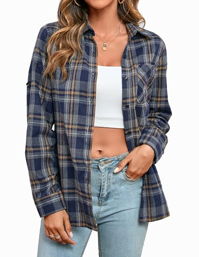 Stamain Womens Flannel Check Shirts Blue Grey Plain Shirt Long Sleeve Casual Cowboy Cotton Button Down Blouse Tops L
